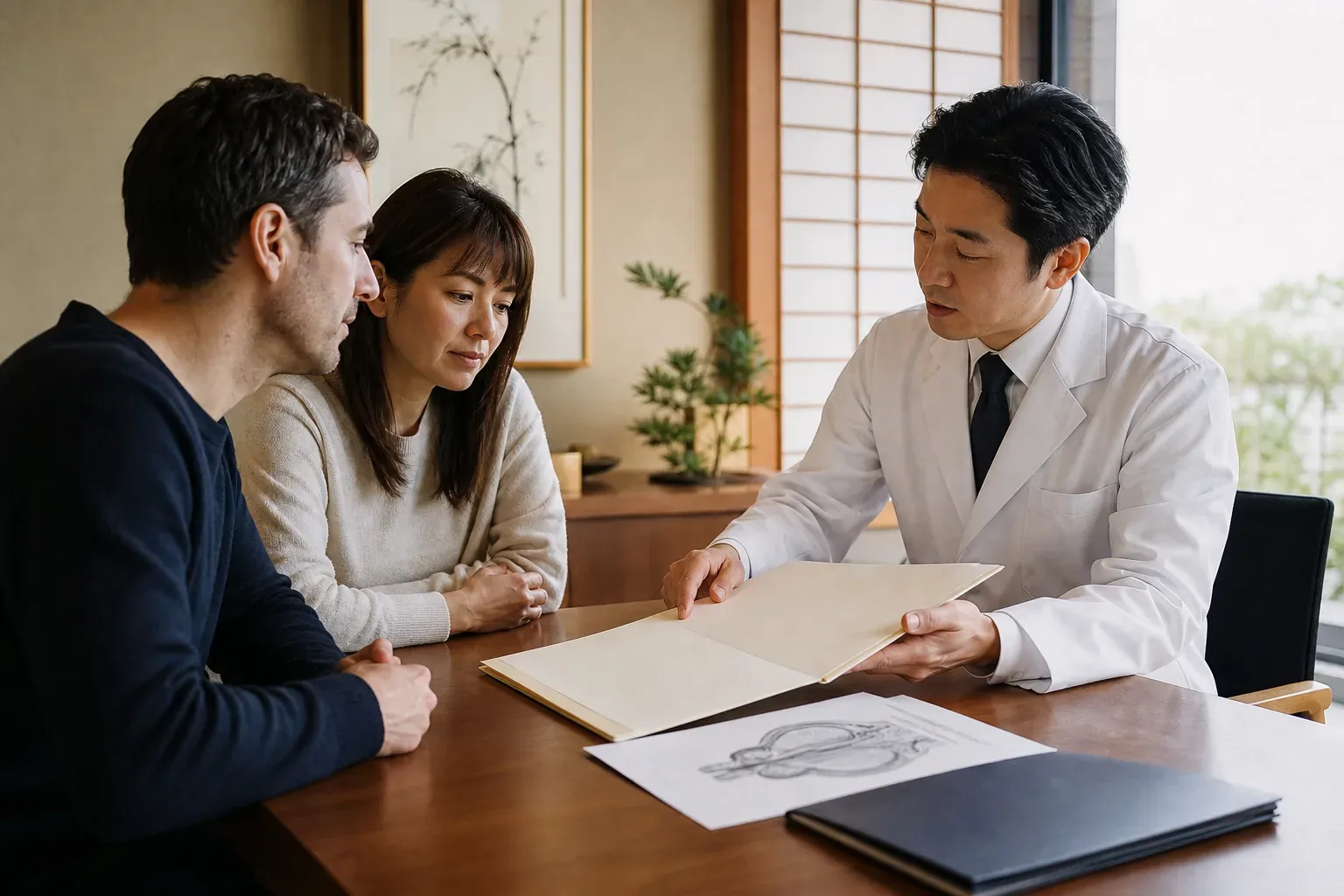 A private consultation meeting with a coordinator, patient, and clinician reviewing blank documents
