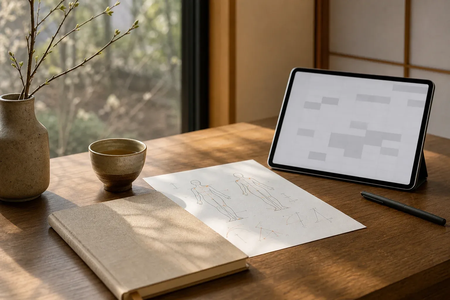A calm consultation desk with a mobility note, tablet, and tea in natural light