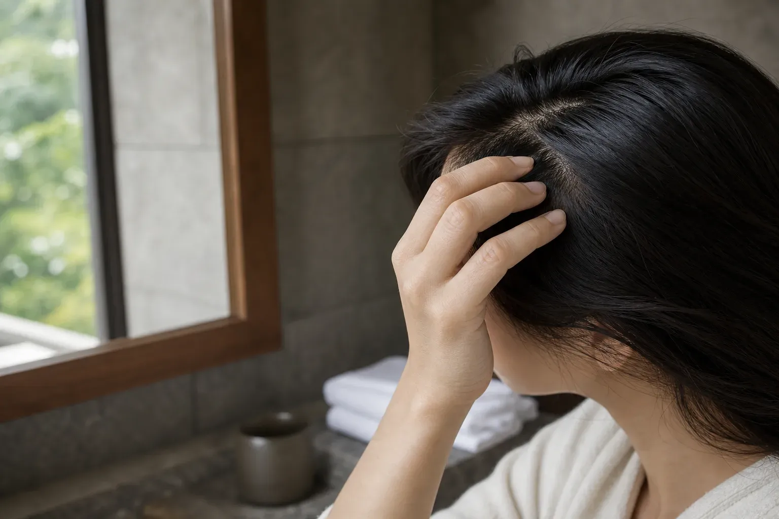 A close, natural view of someone checking their hair near a softly lit mirror