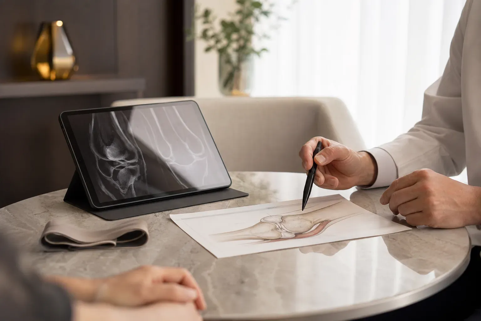 A clinician reviewing joint mobility diagrams and musculoskeletal imaging during a private consultation