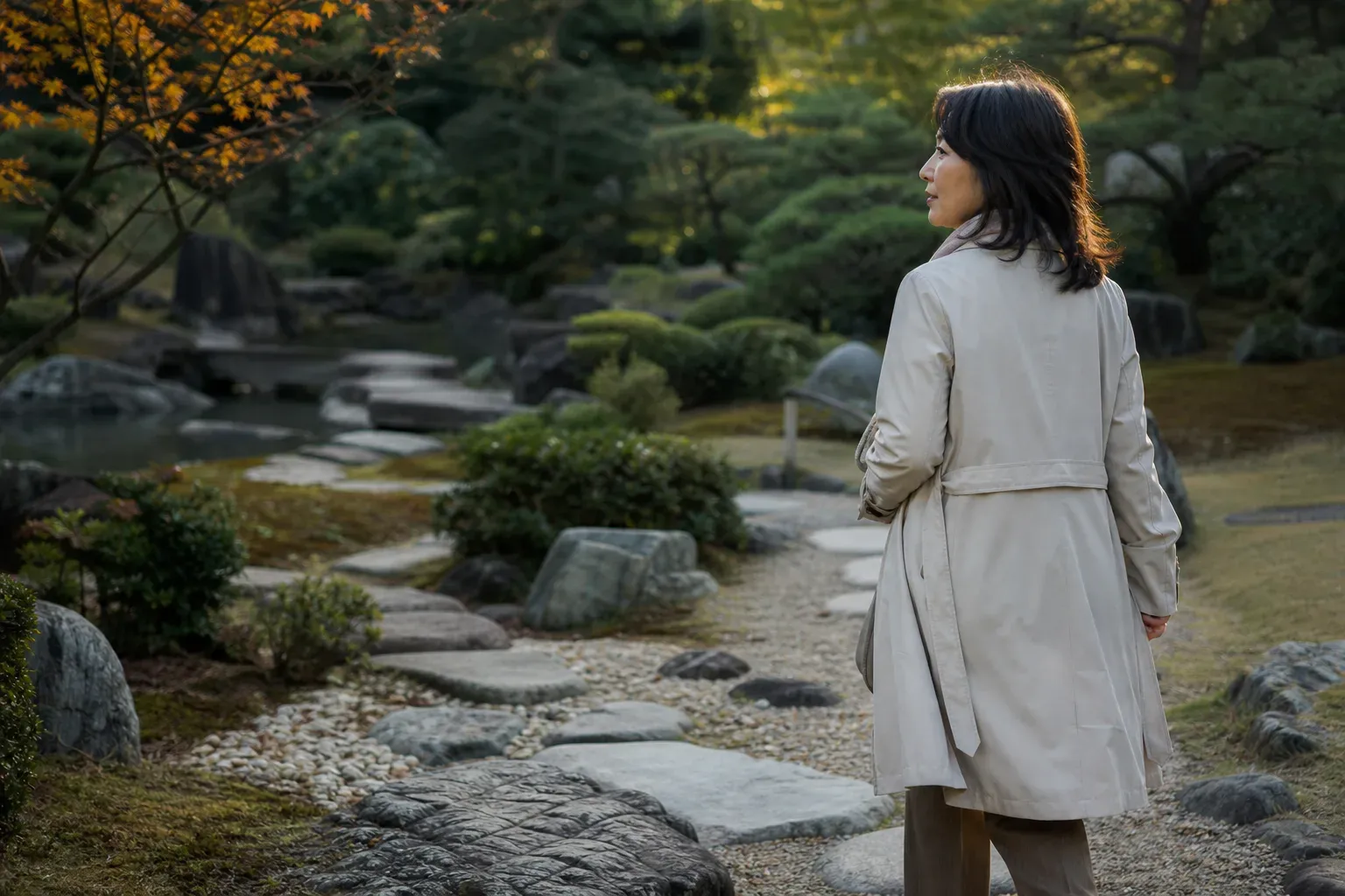 A mature woman walking through a quiet Tokyo garden in afternoon light