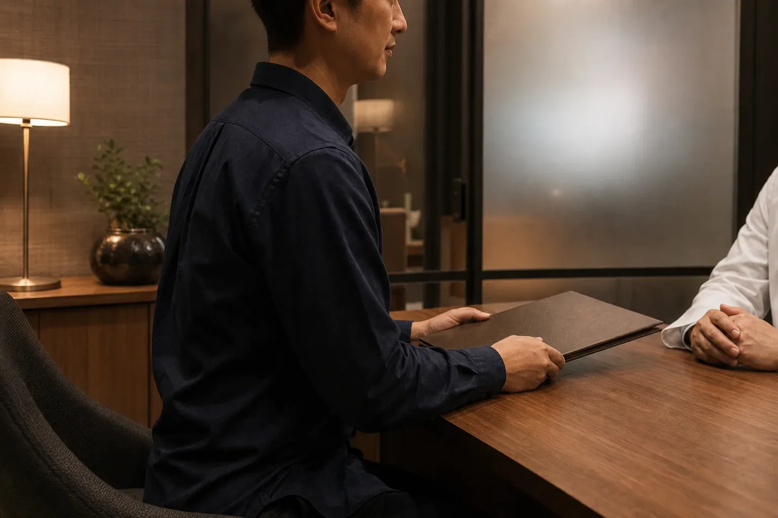 A discreet private consultation between an adult man and a clinician in a calm Japanese room