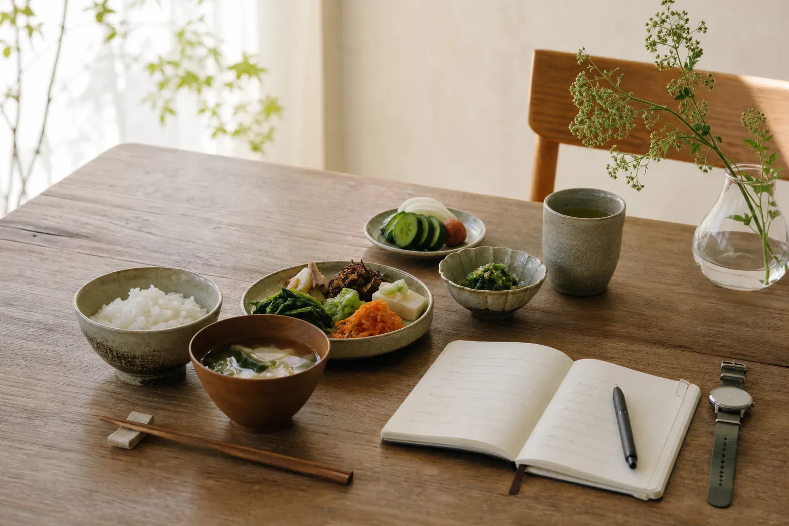 A Japanese breakfast table with seasonal dishes and a handwritten wellness notebook