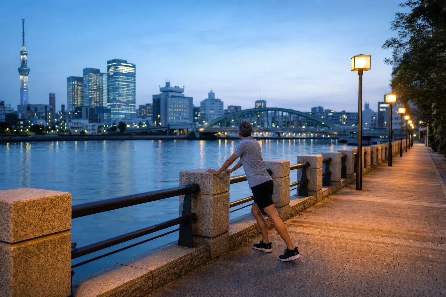 A traveler stretching beside a Tokyo riverside walkway at dusk