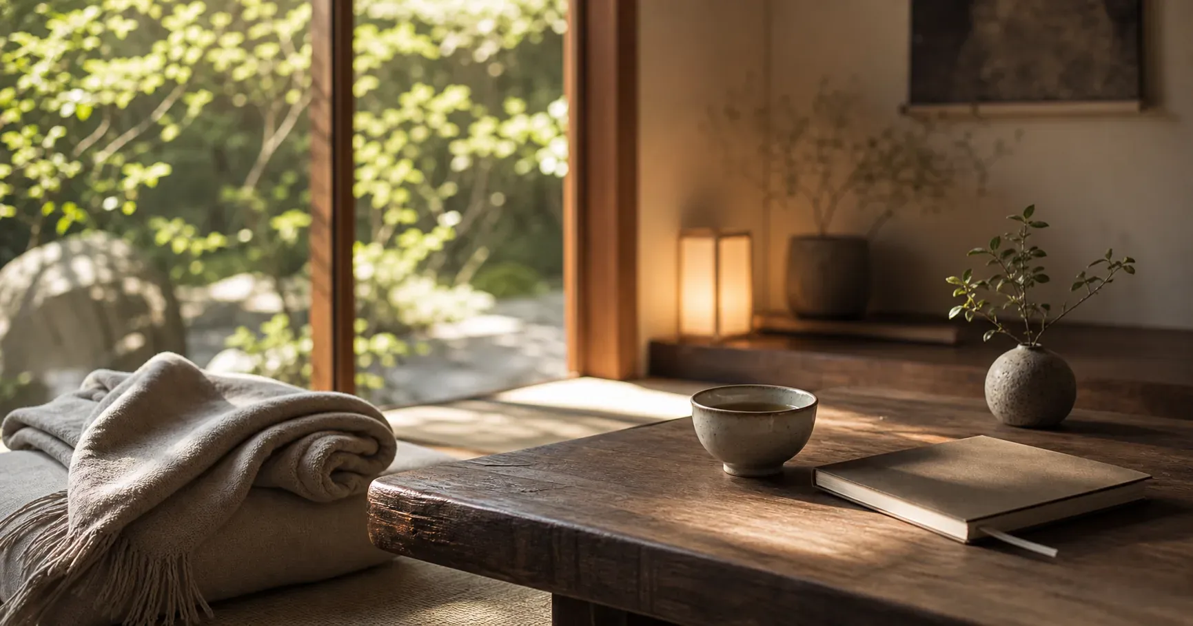 A calm Japanese room with morning light, a folded blanket, tea, and a closed notebook
