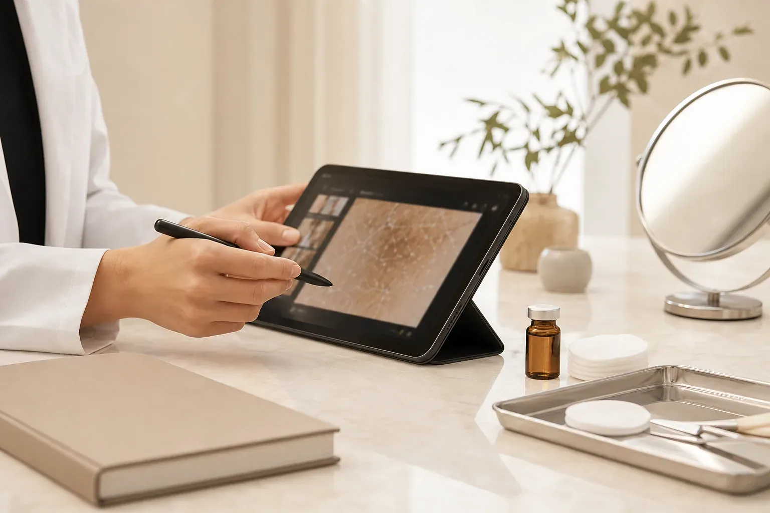 A refined skin analysis consultation with a tablet, serum vial, and clinical aesthetic tools