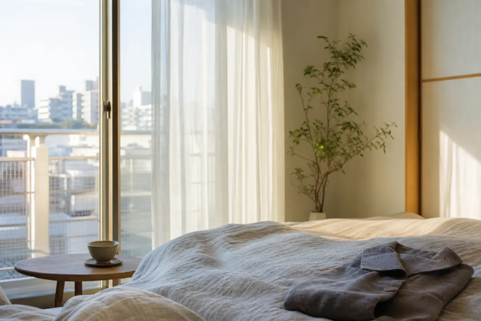 A quiet Tokyo bedroom in morning light with linen, tea, and a calm city view