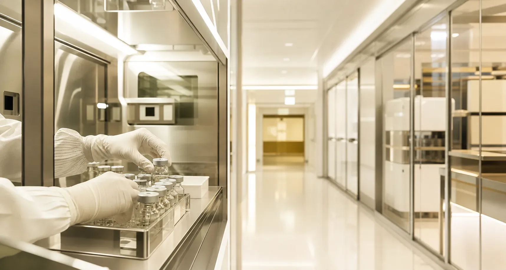 A sterile cell-processing clean room with sealed vials prepared behind glass