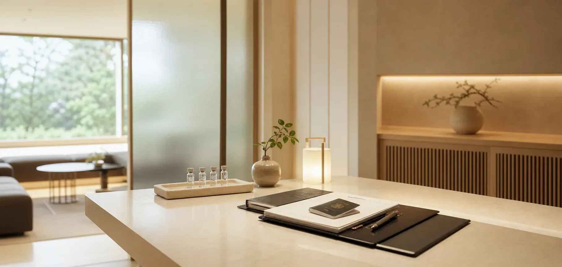 A private Japanese clinic reception desk prepared for an international medical consultation