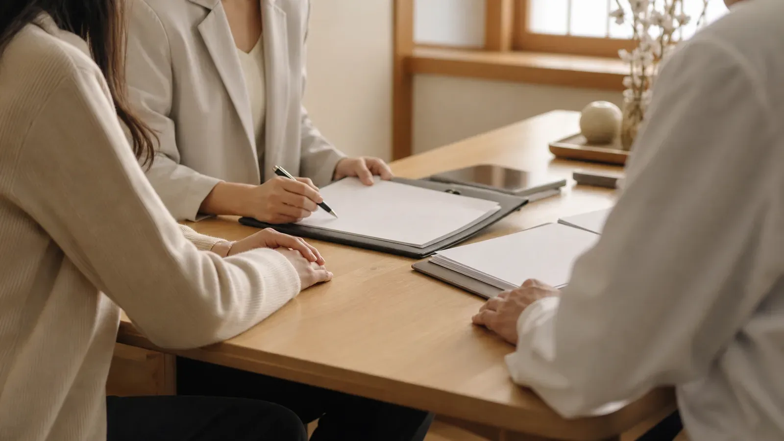 A private consultation coordination meeting with documents reviewed around a warm clinic table