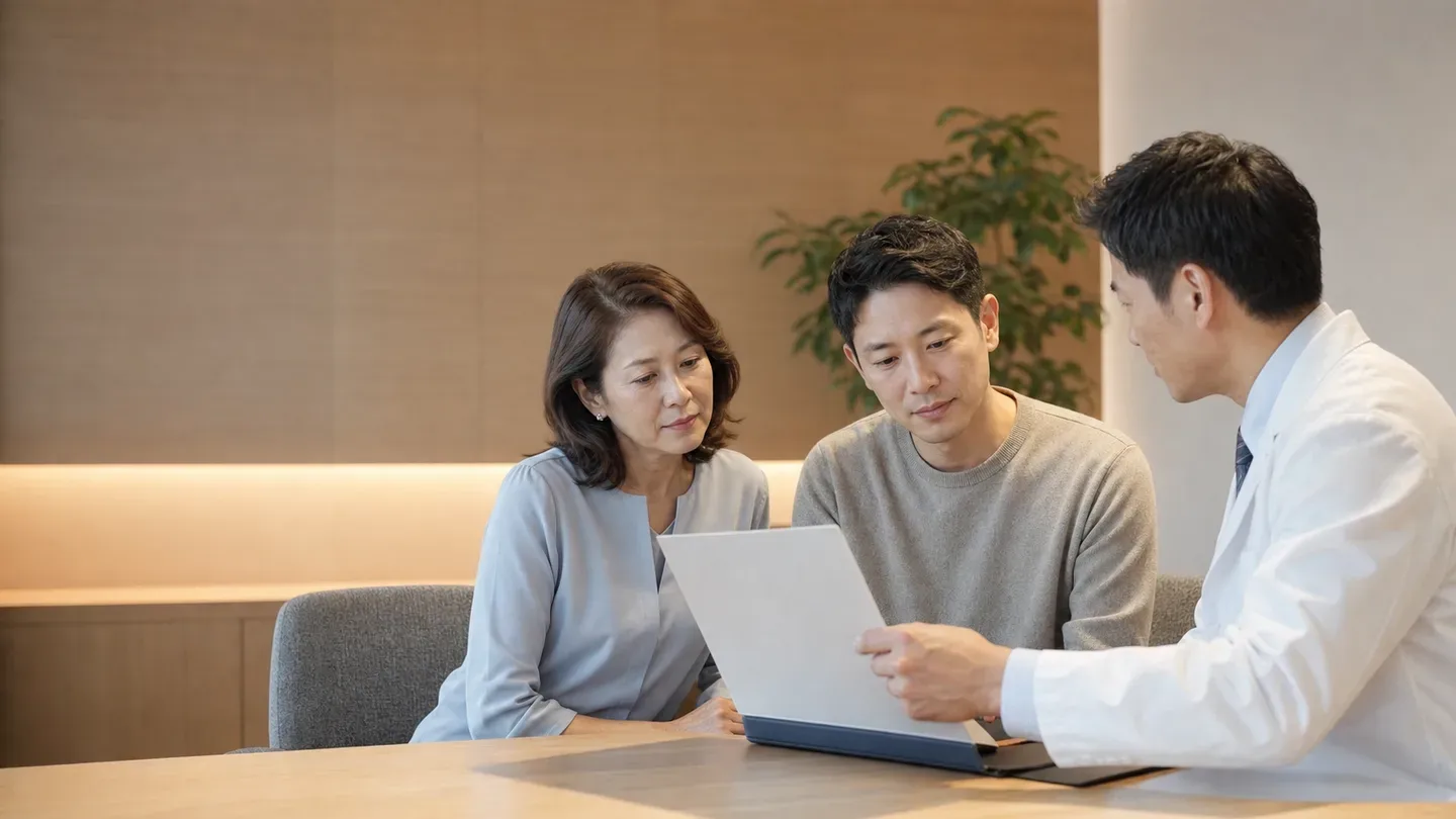 A licensed physician reviewing documents with a patient and family member