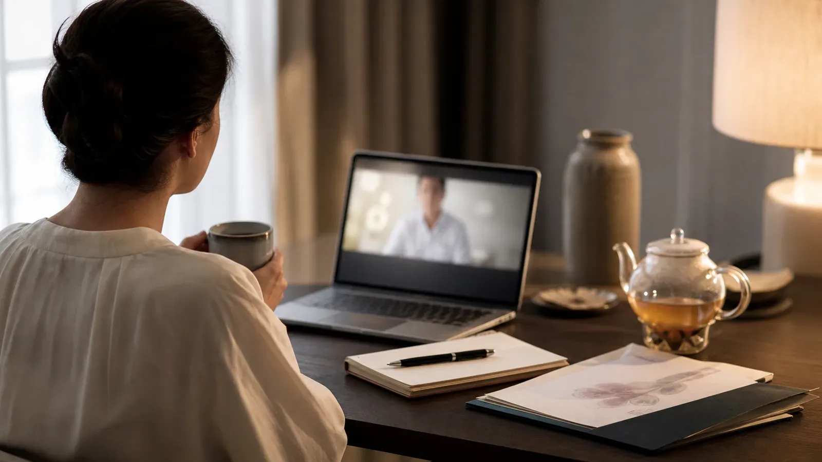A patient attending a remote follow-up from a warm private desk with documents nearby